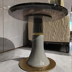 Circular Radial Wood Veneer Sofa Side Table with Sculpted Pedestal and Gold-Finished Stainless Steel Base